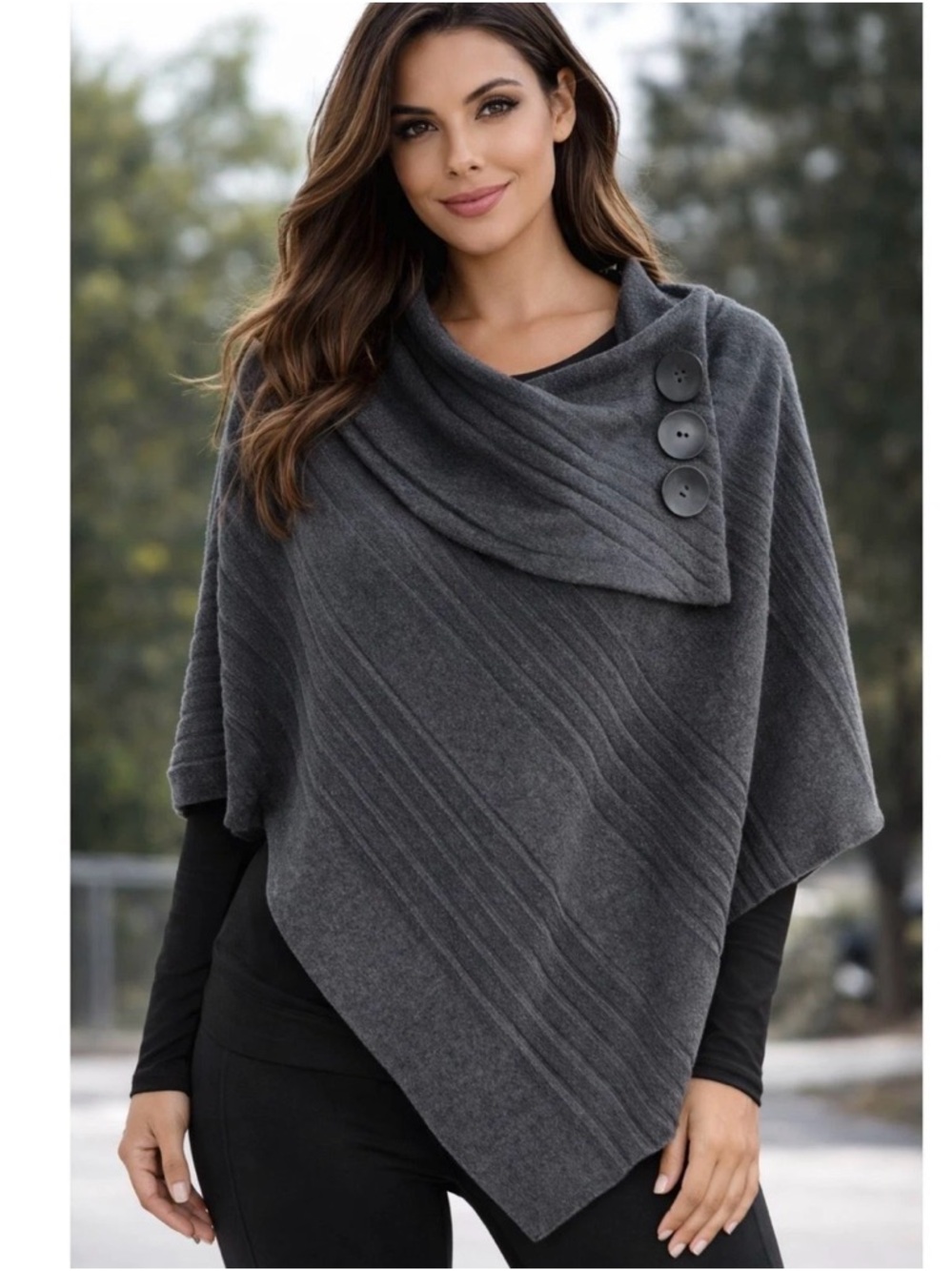 Le Moda JJ Women’s Gray Pleated Button Wrap Asymmetrical Warm Poncho Top
